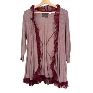 Guinevere Anthropologie Burgundy Striped Ruffle Trim Open Front Cardigan Large